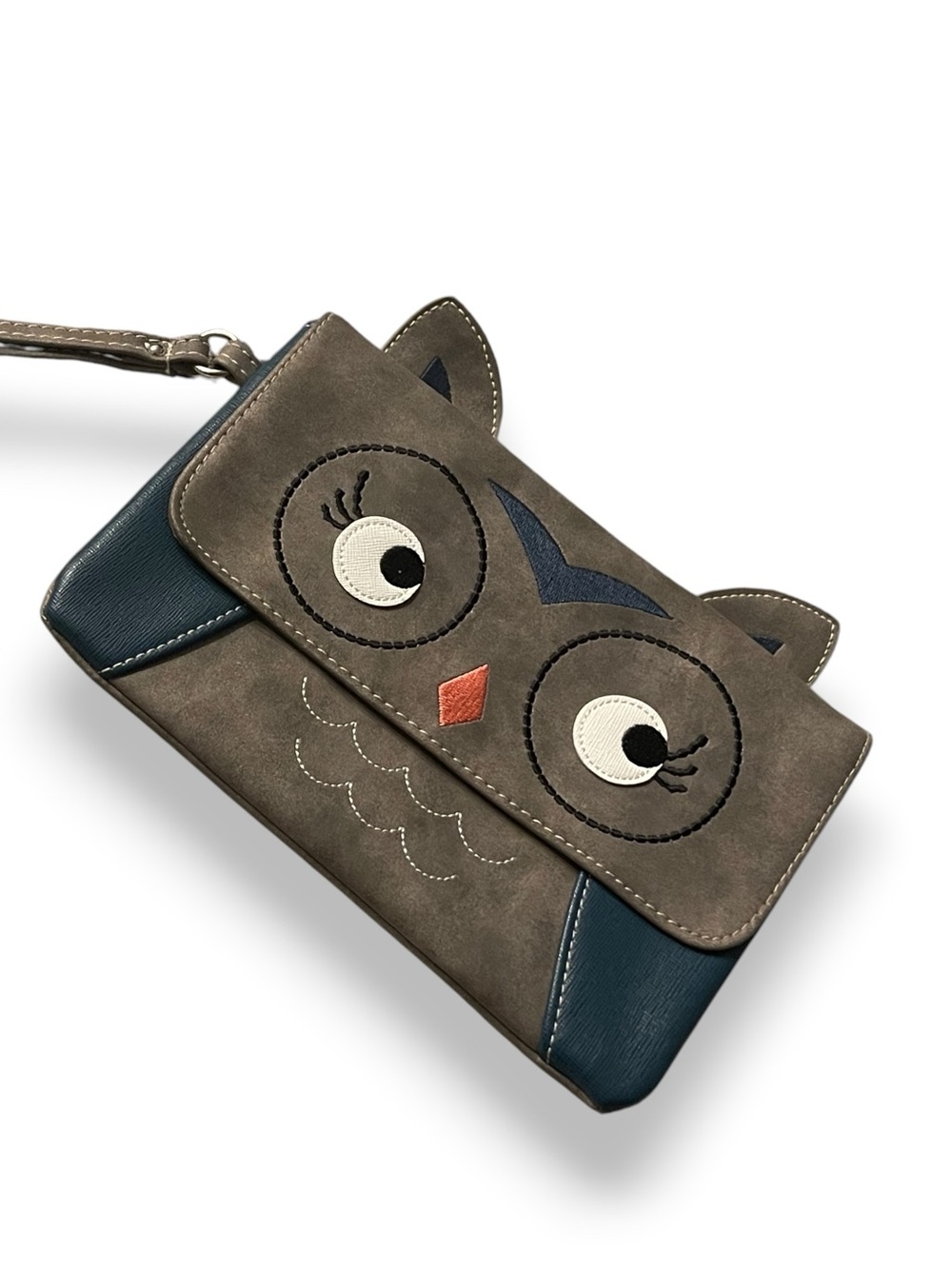 Chateau Grey Owl Wristlet Clutch Wallet Blue Accents Cute Boho